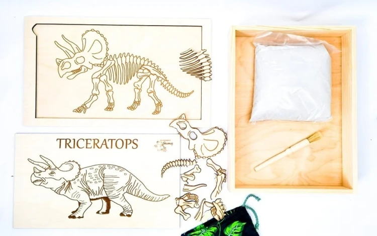 Edukacyjny zestaw Triceratops EDUBOBO z drewnianą tacą 40x25 cm i kompletem kości