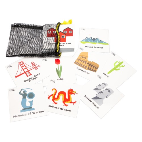 Karty zabytki ENG marki Akson — widok kilku kart ułożonych obok siebie, format 10 x 10 cm, kolorowy nadruk