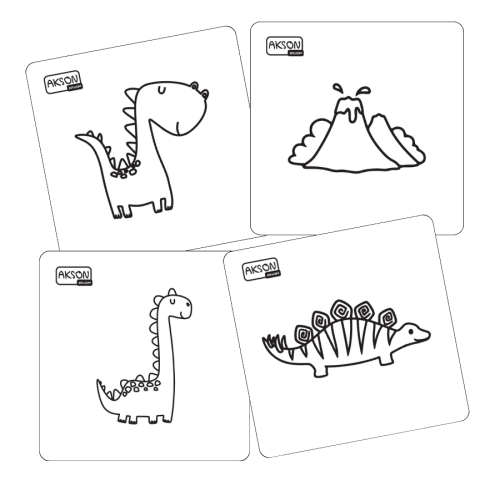 Karty do zabaw DINO Akson — komplet 20 kart w formacie 12 x 12 cm z wyraźnym rysunkiem wesołego dinozaura na awersie, widok z przodu