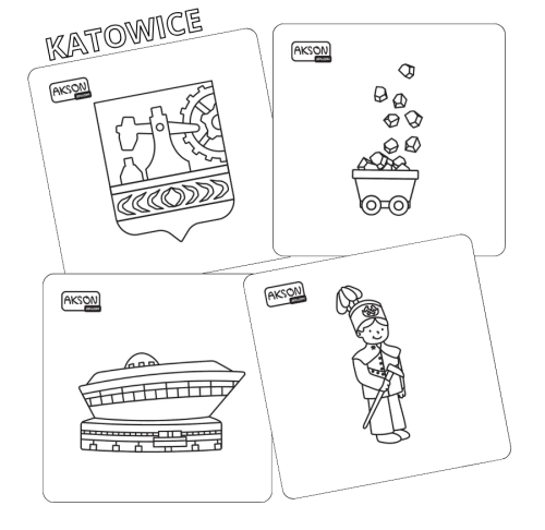 Karty do zabaw KATOWICE marki Akson — widok zestawu 15 kart 12 x 12 cm z grafiką miejską, detal frontu karty