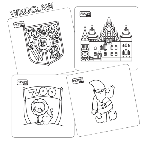 Karty do zabaw WROCŁAW marki Akson – zestaw 15 kart o formacie 12 x 12 cm, widok ilustrowanych kart gotowych do kolorowania