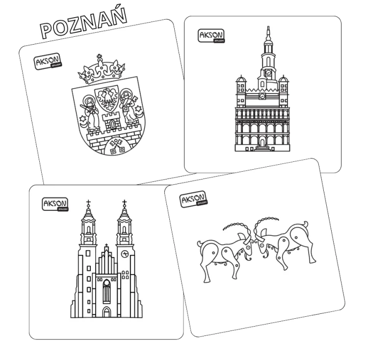 Karty do zabaw POZNAŃ 15 szt. Akson — pojedyncza karta 12 x 12 cm z ilustracją Poznania, do kolorowania pisakami suchościeralnymi