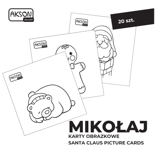 Karty obrazkowe MIKOŁAJ Akson — widok kilku kart z różnymi świątecznymi ilustracjami na kartonie powlekanym
