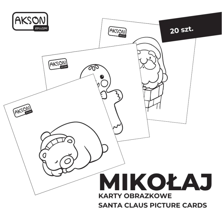 Karty obrazkowe MIKOŁAJ Akson — widok kilku kart z różnymi świątecznymi ilustracjami na kartonie powlekanym