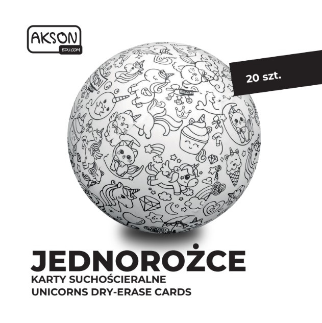 Widok pojedynczej karty Akson 12 x 12 cm — przód i tył karty, pokazane wymiary i jakość druku grafiki jednorożca
