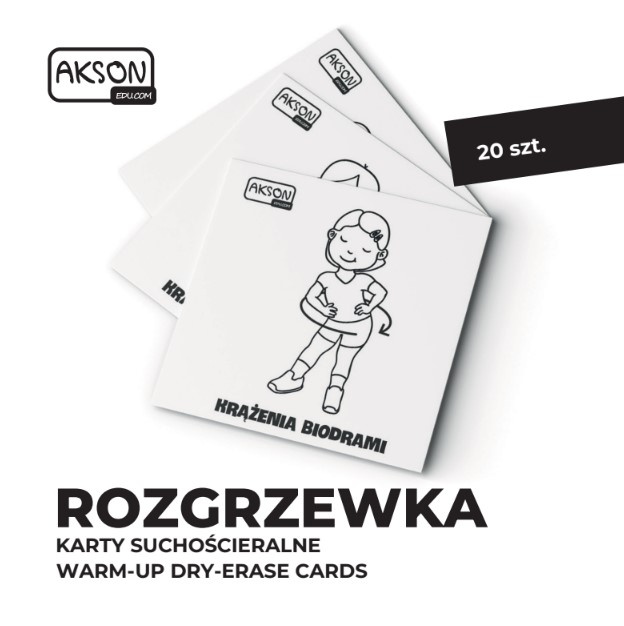Zestaw 20 kart Akson — układ kart 12 x 12 cm używanych podczas rozgrzewki i zabaw ruchowych