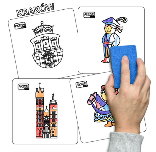 Karty suchościeralne KRAKÓW Akson — zestaw 15 kart z ilustracjami Krakowa, format 12 x 12 cm, widok z góry