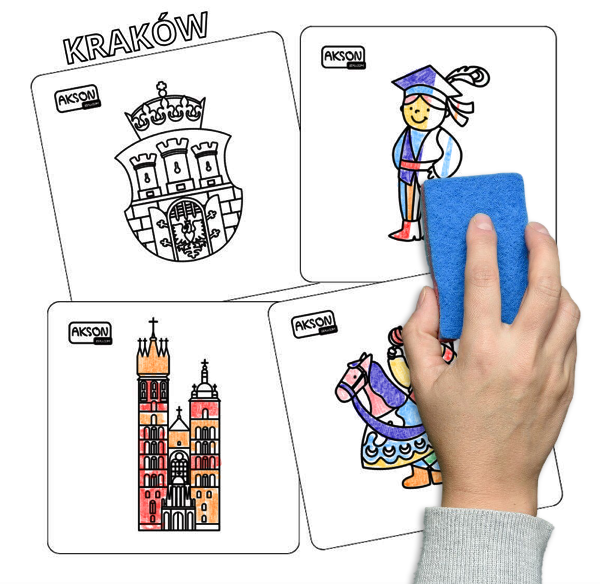 Karty suchościeralne KRAKÓW Akson — zestaw 15 kart z ilustracjami Krakowa, format 12 x 12 cm, widok z góry