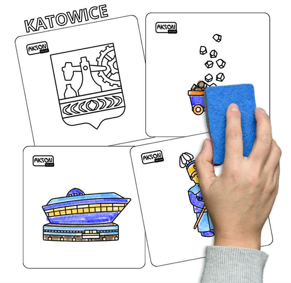 Karty suchościeralne KATOWICE Akson — widok całego zestawu 15 kart z ilustracjami miasta, ujęcie na frontowe wzory