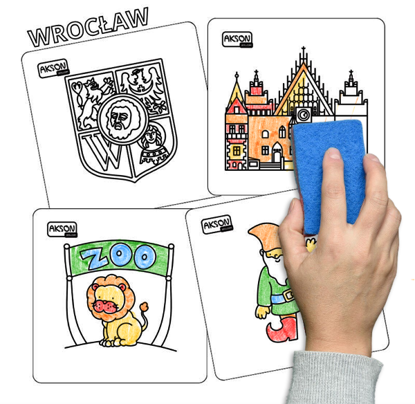 Karty suchościeralne WROCŁAW Akson — rozłożone karty z motywami miasta, widoczny zestaw 15 szt. i format 12 x 12 cm