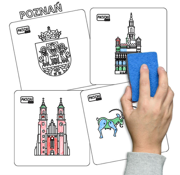 Karty suchościeralne POZNAŃ Akson — widok całego zestawu 15 kart z grafiką miasta, ujęcie od przodu pokazujące laminowaną powierzchnię.