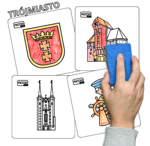 Karty suchościeralne TRÓJMIASTO Akson — widok karty z ilustracją miasta, zestaw 15 kart w formacie 12 x 12 cm