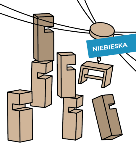 Zbliżenie na niebieskie linki dźwigu Wieża współpracy START oraz drewniane klocki — detal mocowania i tekstury drewna