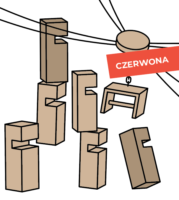 Zbliżenie na dźwig z 24 linkami długości 1,75 m i grubości 4 mm w czerwonym kolorze — detal mechanizmu Wieża współpracy Akson