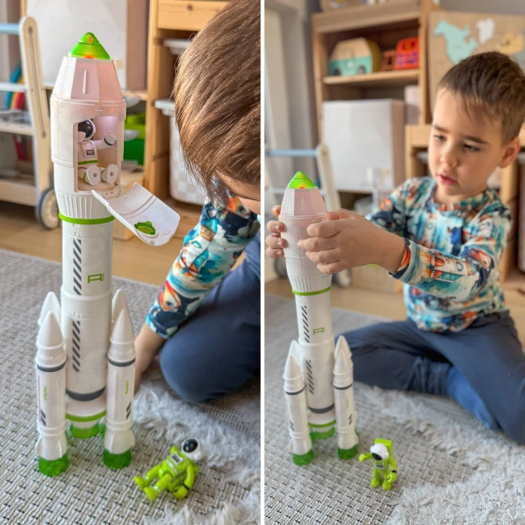 Detale interaktywnej rakiety Woopie z podświetleniem LED i miejscem na figurkę astronauty