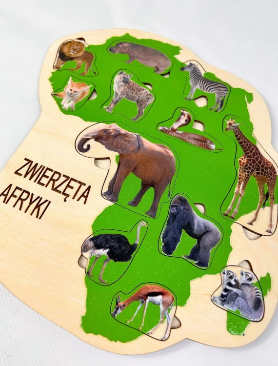 Drewniana pomoc edukacyjna z realistycznymi ilustracjami afrykańskich zwierząt