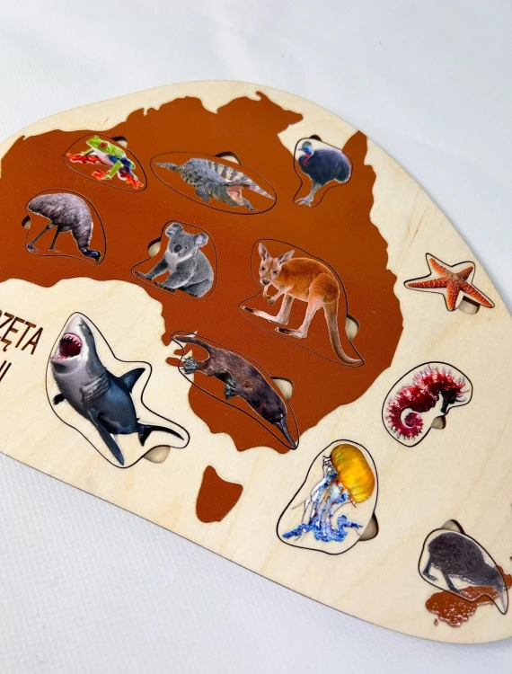 Zwierzęta Australii na drewnianej układance edukacyjnej z podpisami w podstawie