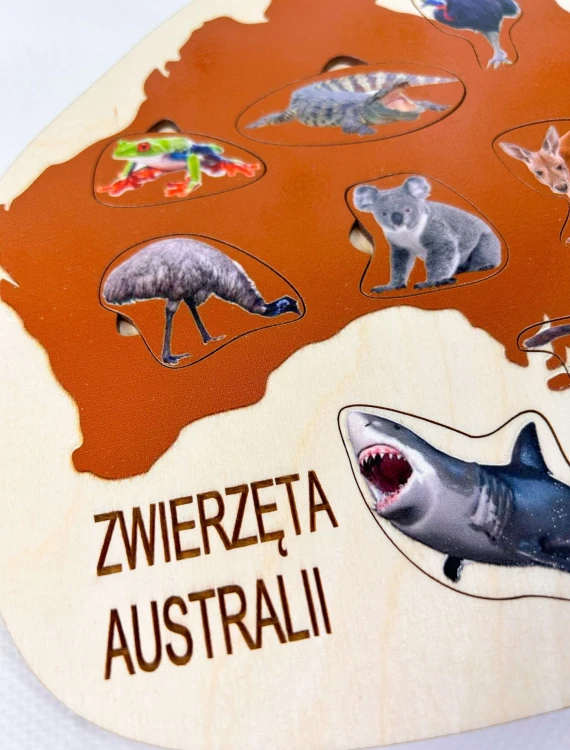 Drewniana pomoc edukacyjna o Australii do dopasowywania ilustracji i podpisów