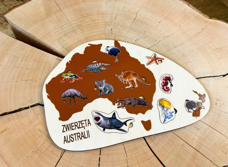 Układanka edukacyjna z realistycznymi ilustracjami zwierząt i podstawą ze sklejki