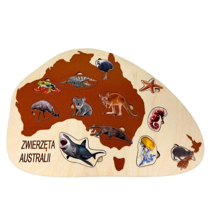 Drewniane puzzle edukacyjne Zwierzęta świata EDUBOBO ułożone na stole