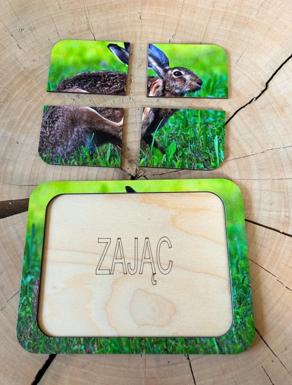 Pudełko i elementy mega zestawu puzzli 4-elementowych EDUBOBO - drewniane pomoce edukacyjne