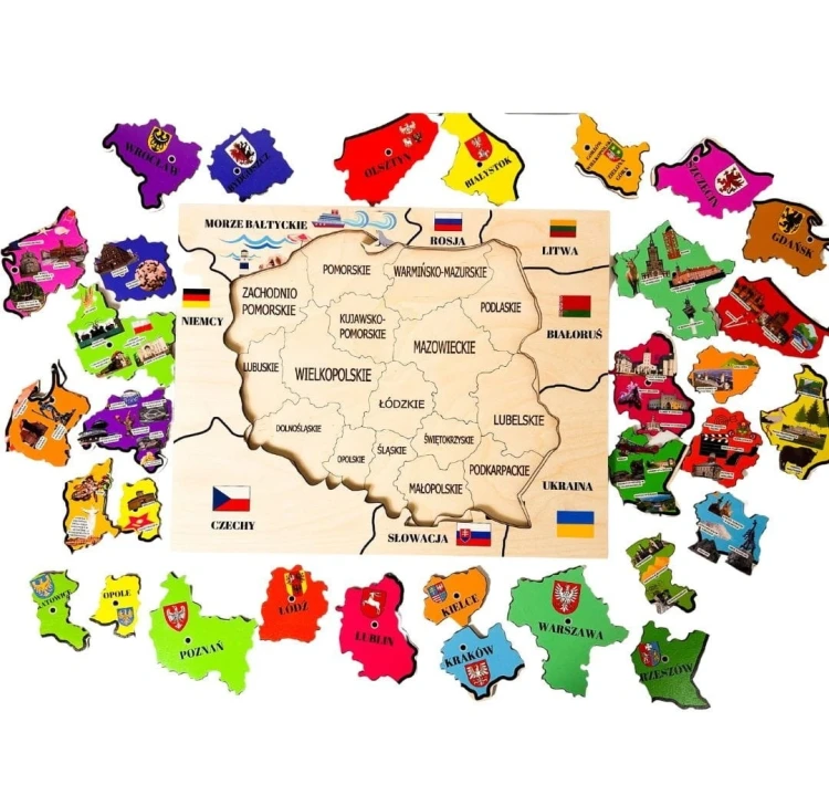 Drewniana mapa Polski EDUBOBO z podziałem na województwa i atrakcjami turystycznymi