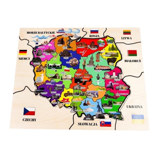 Trójwarstwowa drewniana mapa Polski EDUBOBO z herbami i nazwami województw