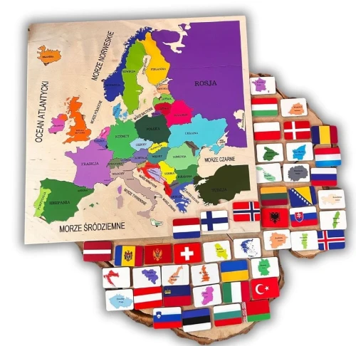 Drewniana Mapa Europy, flagi państw europejskich, państwa Europy, drewniana mapa