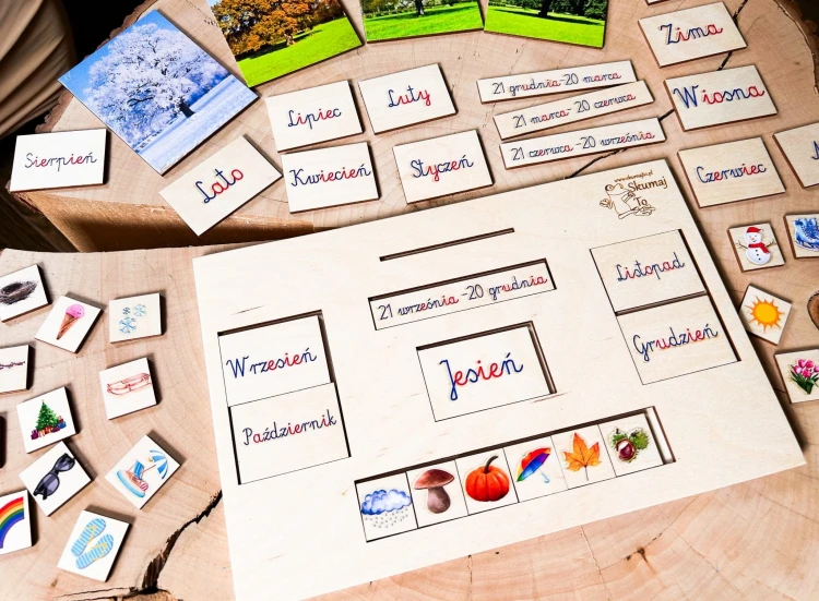 Zbliżenie na elementy układanki Pory Roku z pismem Montessori EDUBOBO