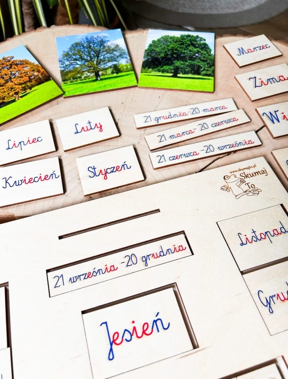 Drewniane elementy jesienne układanki Pory Roku EDUBOBO z kolorowymi liśćmi i pismem Montessori