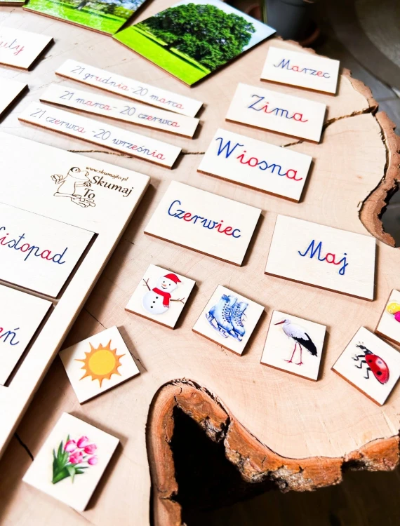Układanka Pory Roku EDUBOBO – podstawowe elementy na drewnianej planszy o wymiarach 30x25 cm