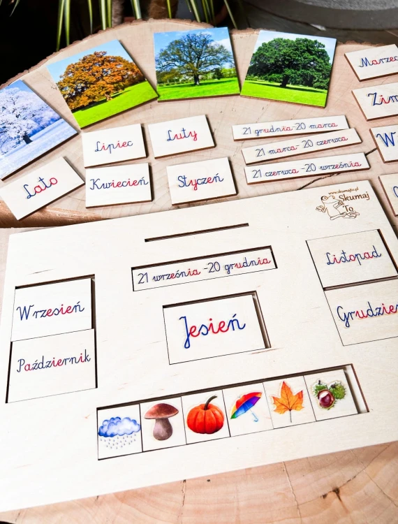 Widok na detale elementów układanki Pory Roku EDUBOBO – pismo Montessori i ilustracje przyrody