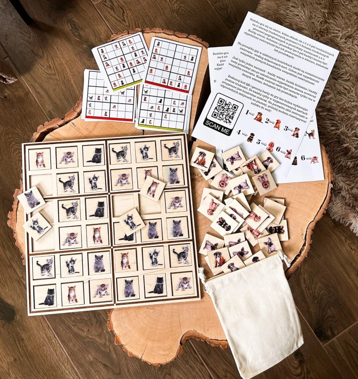 Drewniana gra Sudoku EDUBOBO - elementy z wizerunkami kotów oraz plansza