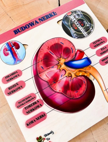 Drewniana układanka EDUBOBO do poznawania budowy nerki, z ilustracją i wyjmowanymi elementami.