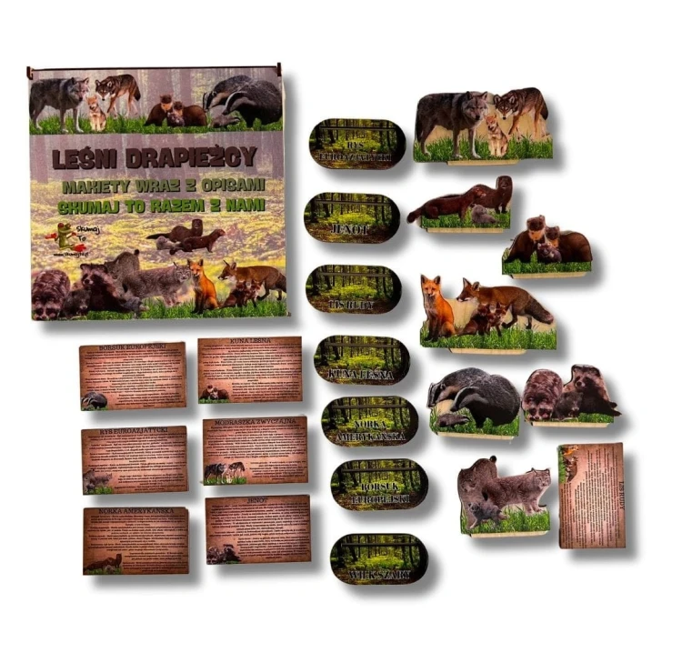 Drewniana makieta Leśni drapieżcy z kartami edukacyjnymi o wymiarach 10x6 cm marki EDUBOBO