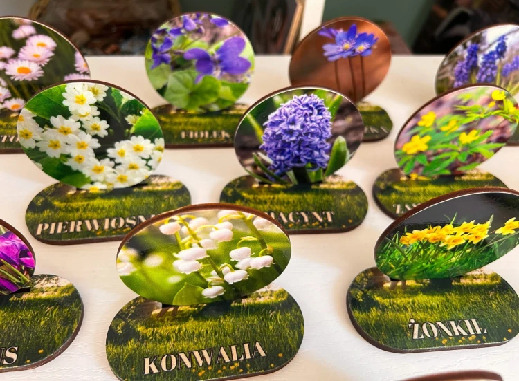 Karty z grafikami leśnych kwiatów układane na drewnianych podstawkach EDUBOBO