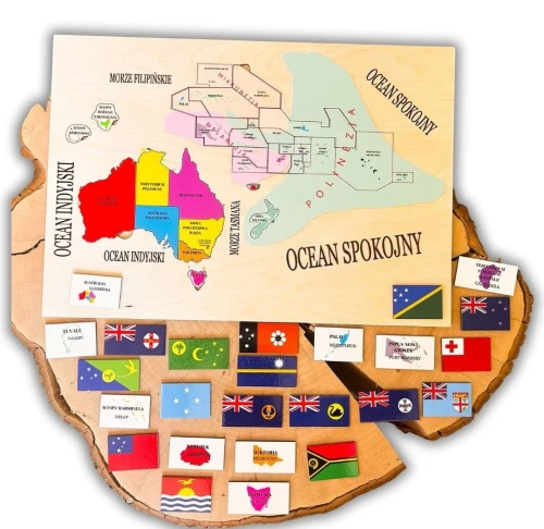 Drewniana mapa Australii i Oceanii 50x40 cm z flagami edukacyjnymi EDUBOBO