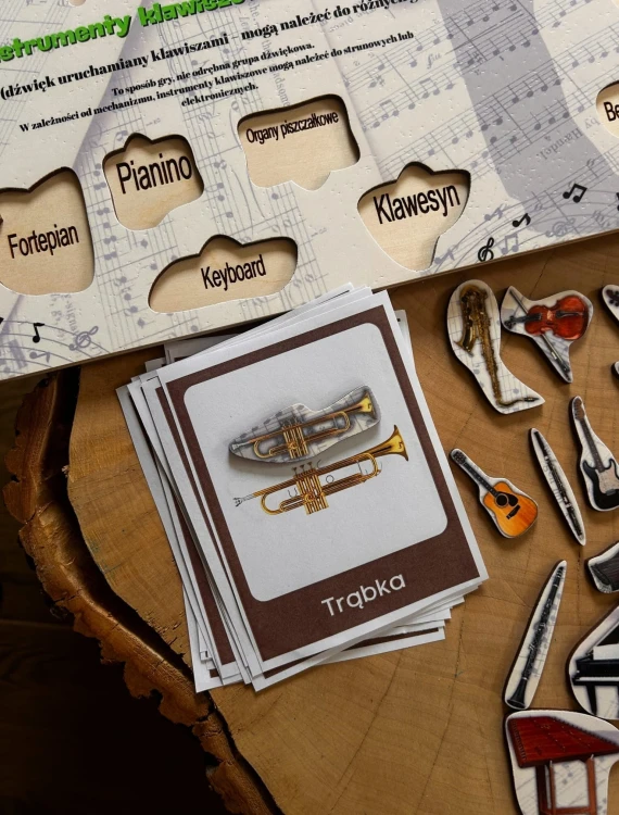 Widok układanki muzycznej EDUBOBO z grawerowanymi nazwami instrumentów i kolorowymi grafikami