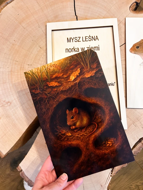 Ilustracja wnętrza norki myszy leśnej na drewnianej układance przyrodniczej
