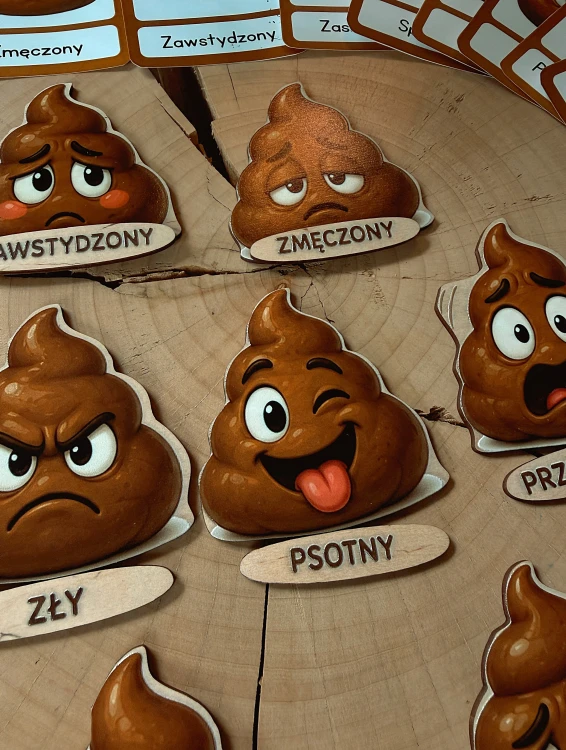 Szczegół ilustracji mimiki twarzy na elementach układanki Emocje EDUBOBO