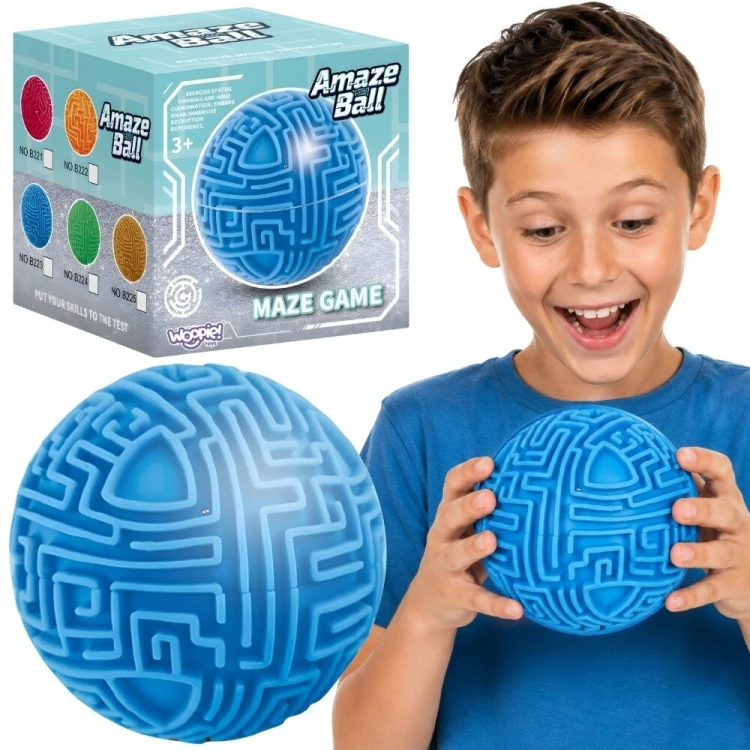 Niebieska kula labirynt 3D WOOPIE o średnicy 10 cm w transparentnej obudowie