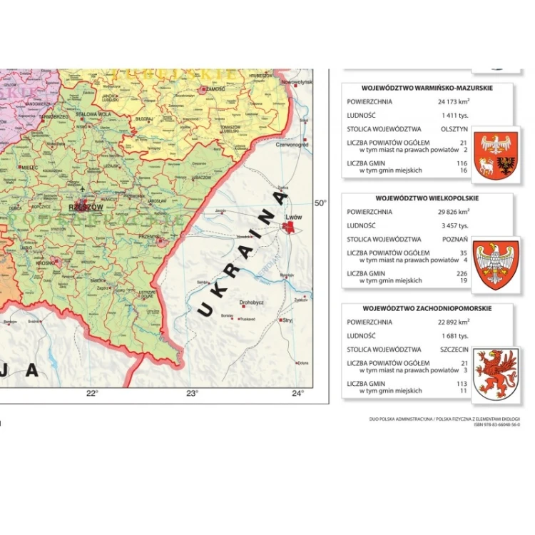Aluminiowa rama mapy magnetycznej Polski KARTA oraz boczne panele z informacjami o województwach