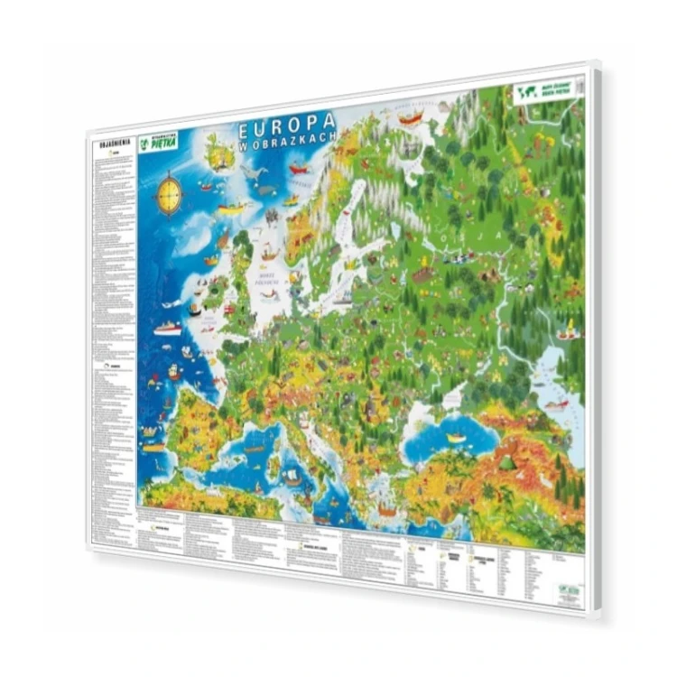 Mapa edukacyjna Europa w obrazkach 148x100 cm wydawnictwa KARTA z możliwością wpinania znaczników i aluminiową ramą