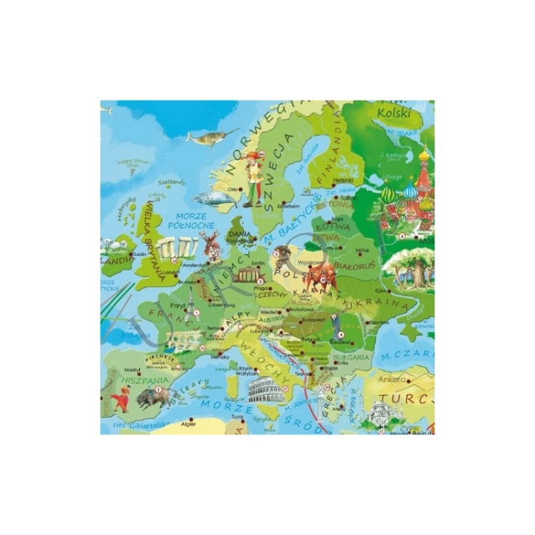 Widok mapy korkowej Świat Młodego Odkrywcy z kolorową grafiką i szczegółami geograficznymi