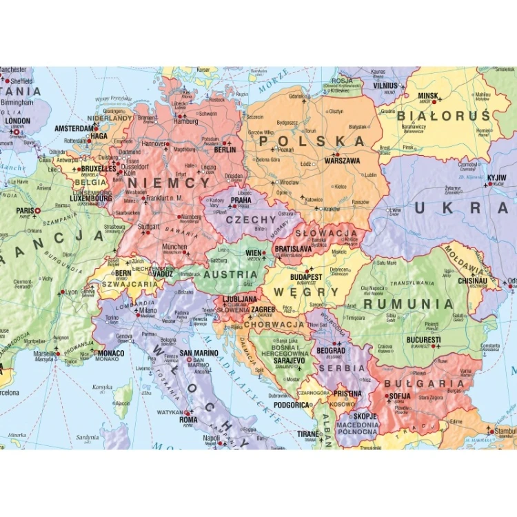 Widok narożnika aluminiowej ramy mapy politycznej Europy KARTA z możliwością wpinania szpilek