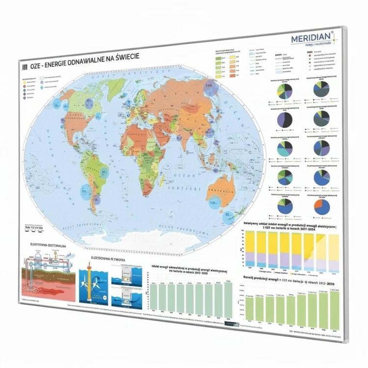 Mapa korkowa Energie odnawialne na świecie 156×111 cm marki KARTA z wyraźnymi oznaczeniami źródeł energii