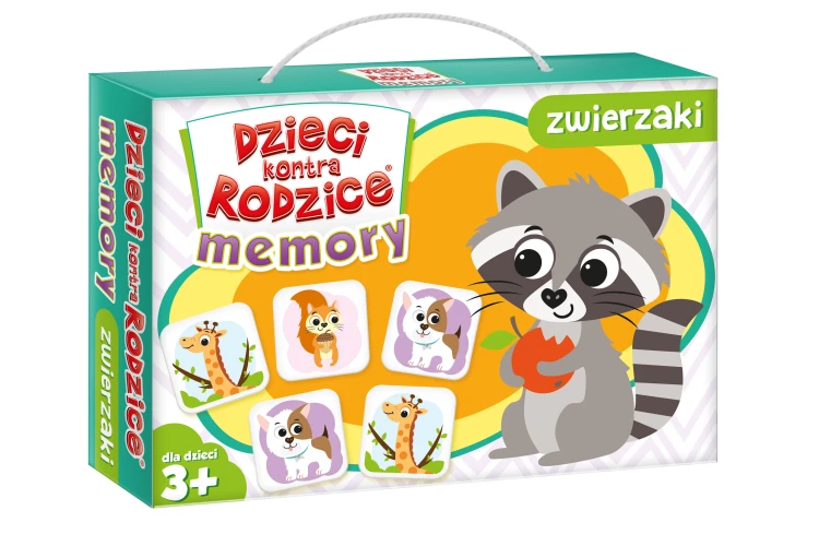 Gra Memory Zwierzaki KANGUR - pudełko i elementy z kolorowymi ilustracjami