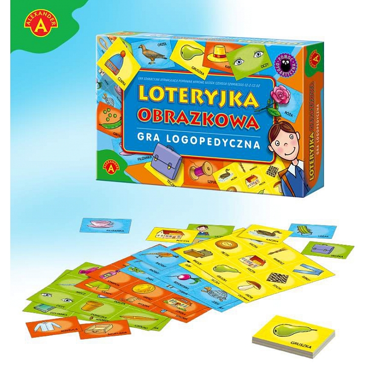 Zbliżenie na plansze i elementy gry Loteryjka obrazkowa logopedyczna ALEXANDER
