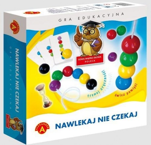Gra Nawlekaj nie czekaj sowa mądra głowa Alexander - plansza z kolorowymi kulkami i elementami do nawlekania