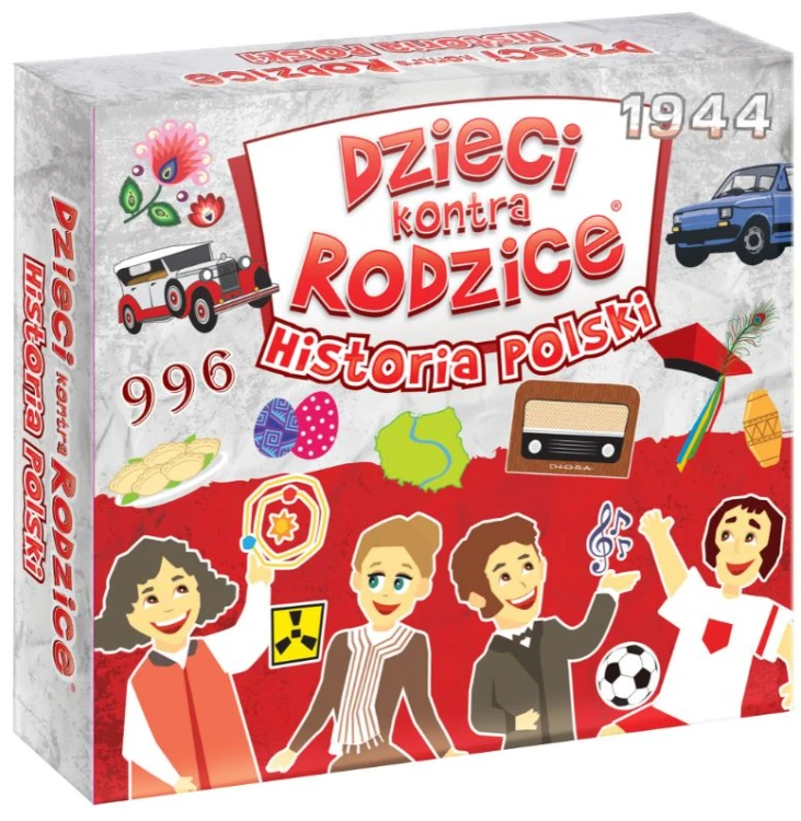 Gra Maxi historia Polski dzieci kontra rodzice KANGUR na stole z planszą i żetonami